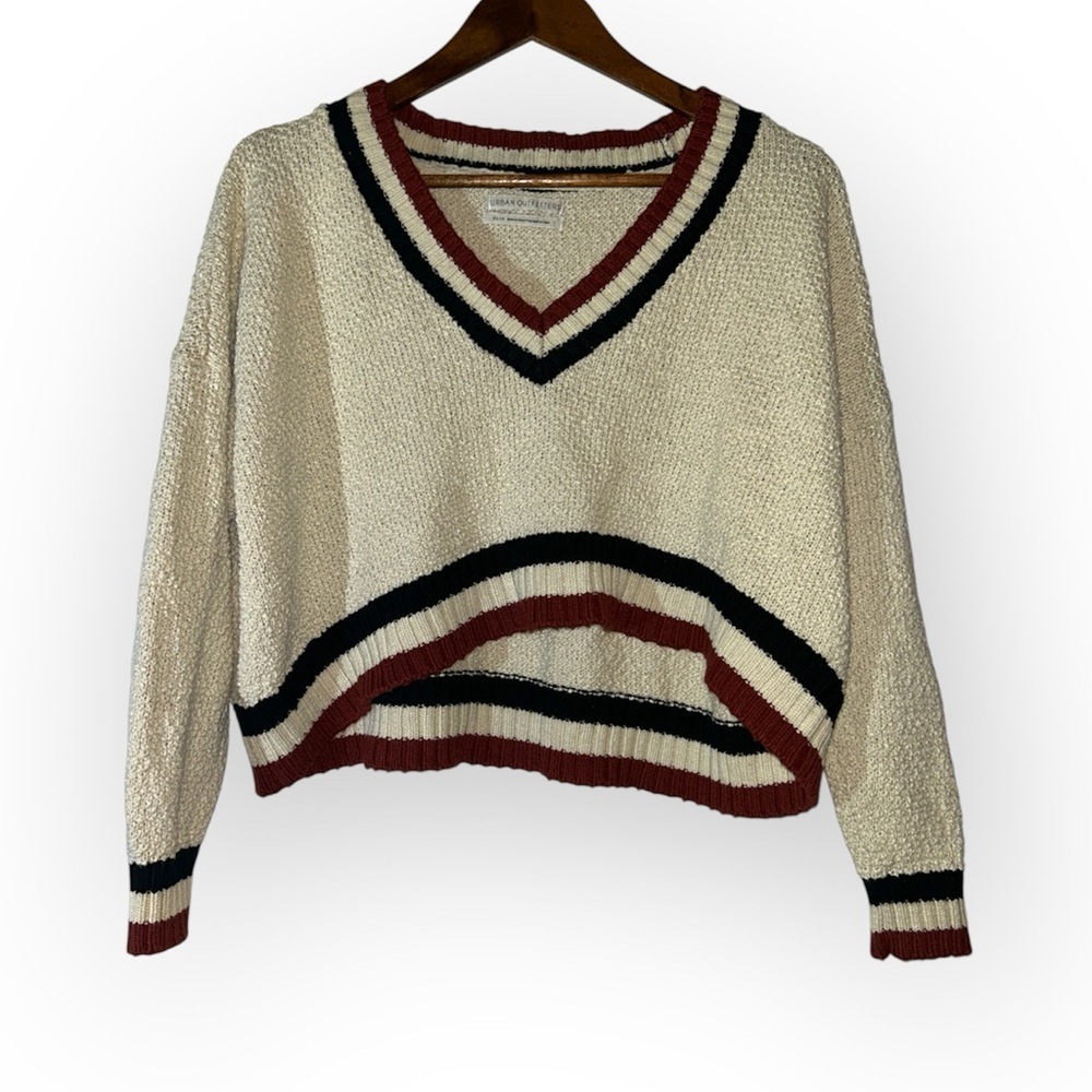 Urban Outfitters Cropped Varsity Striped V-Neck Sweater SIZE XS